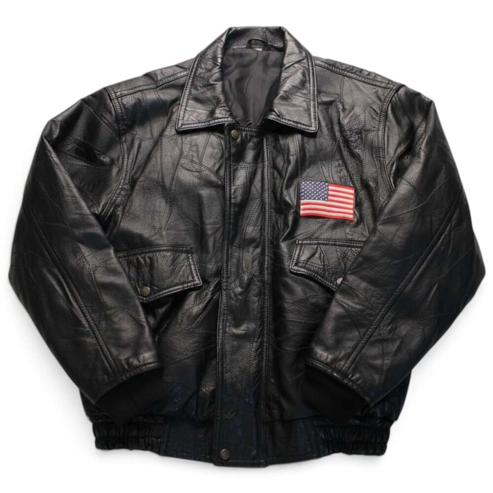 90s Genuine Leather Black Patchwork Bomber Jacket USA - S